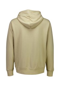Felpa con cappuccio beige, morbido misto cotone, maniche lunghe, polsini e orlo a costine, texture liscia, design minimalista, senza loghi o motivi visibili.
