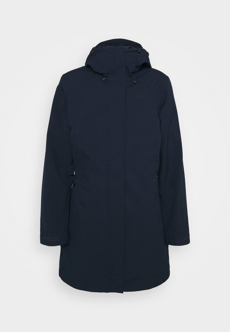 Manteau d'hiver long bleu marine avec capuche, fermeture éclair intégrale à l'avant et poches, conçu pour la protection contre le froid.