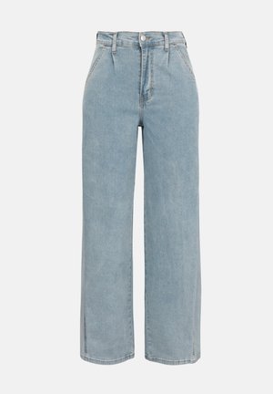 Lys blå vidbukse med høyt liv, fremre lommer, beltehemper og knappelukking.