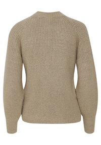 Pull en maille côtelée beige avec manches longues, poignets ajustés et encolure ronde, vu de dos.