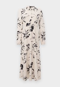 Robe longue beige avec imprimé floral noir, manches longues, taille froncée et col à boutonnière.
