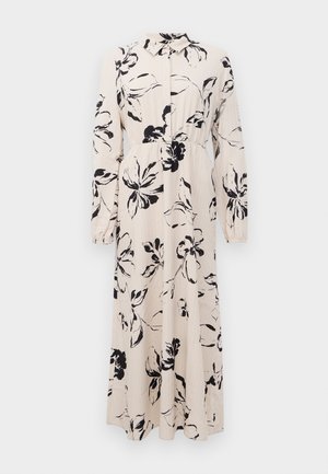 Lungo vestito beige con stampa floreale nera, maniche lunghe, vita arricciata e un davanti con colletto e bottoni.