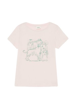 Jasnoróżowa dziecięca koszulka z zielonymi rysunkami czterech różnych psów oraz napisem "MY LITTLE GANG" poniżej nich.