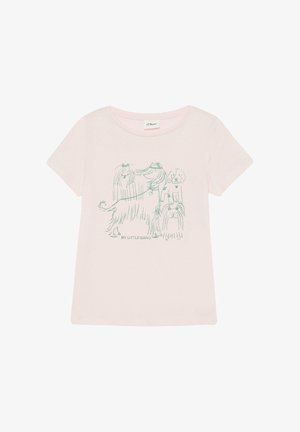 Svijetloružičasta dječja majica s zelenim linijskim crtežima četiri različite pasmine i tekstom "MY LITTLE GANG" ispod njih.