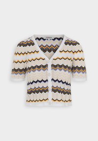 Cardigan s krátkým rukávem na knoflíky, ve výstřihu do V, s mnohobarevným zigzagovým vzorem v bílých, béžových, žlutých, černých a modrých tónech.