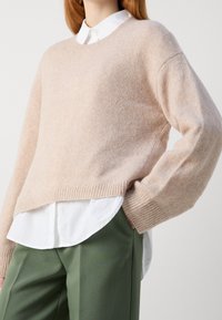 Pull en maille beige avec poignets et ourlet côtelés, porté par-dessus une chemise blanche à col, associé à un pantalon vert. Texture douce, coupe décontractée.