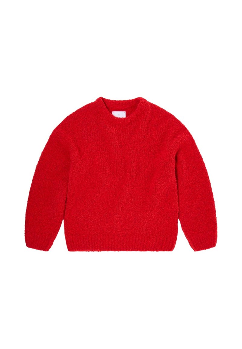 Červený huňatý svetr s kulatým výstřihem. Dlouhé rukávy, žebrovaný lem a manžety. Vyrobeno z měkkého texturovaného materiálu. Žádné viditelné vzory ani akcenty.