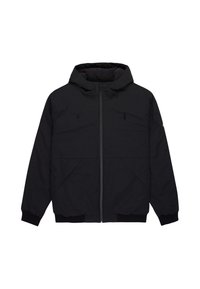 Veste à capuche noire avec zip à l'avant, capuche à cordon de serrage, poches latérales et poignets et ourlet côtelés, présentée sur un fond blanc.
