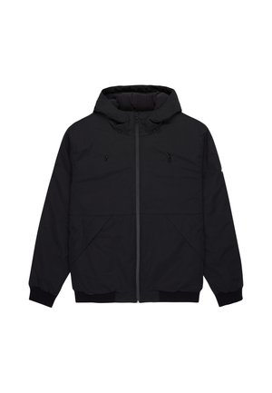 Black hooded jacket with front zipper, drawstring hood, side pockets, and ribbed cuffs and hem, shown on a white background.