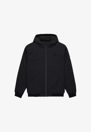 Schwarze Kapuzenjacke mit Frontreißverschluss, Kordelzug an der Kapuze, seitlichen Taschen sowie gerippten Bündchen und Saum, auf weißem Hintergrund gezeigt.