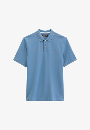 Blauw poloshirt met korte mouwen en beige afwerking op de kraag en mouwen, twee witte knopen en een klein "Marc O'Polo"-logo op de borst.