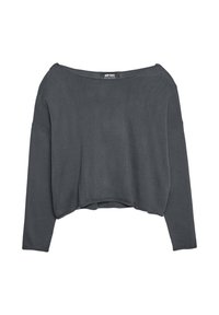 Dunkelgrauer, kurz geschnittener Sweatshirt mit weitem Ausschnitt, fallenden Schultern und langen Ärmeln. Hergestellt aus weichem Stoff mit glatter Textur.