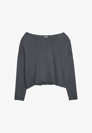 Felpa cropped grigio scuro con scollatura ampia, spalle scese e maniche lunghe. Realizzata in un tessuto morbido con una texture liscia.