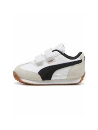 Biele tenisky s čiernymi semišovými akcentmi, suchými zipsami a gumovou podrážkou. Obsahujú logo PUMA a elegantný dizajn.