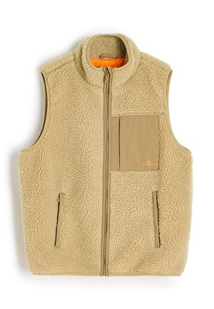 Beżowa kamizelka sherpa fleece z zamkiem z przodu, dwoma bocznymi kieszeniami i beżową materiałową kieszenią na piersi z małym logo "Coalition".