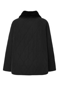 Schwarze gesteppte Jacke mit einem Kragen aus Kunstfell, im lockeren Schnitt und mit rautenförmiger Steppung. Glatte Textur und keine sichtbaren Beschläge.