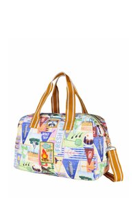 Canvas handtas met een multiculturele camp-thema print, voorzien van geel gestreepte handvatten, een ritssluiting en een zijband voor veelzijdigheid.