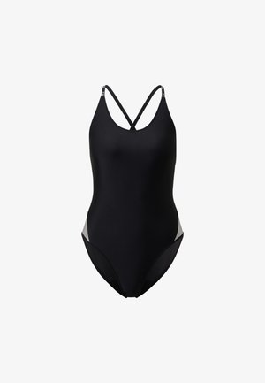 Maillot de bain une pièce noir avec des bretelles croisées, en tissu lisse, offrant une couverture modérée et des panneaux latéraux contrastants dans une teinte plus claire.