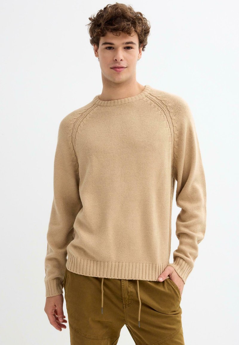 Suéter de punto beige con cuello redondo, puños y dobladillo acanalados, y un intrincado bordado en los hombros. Textura suave, corte casual.