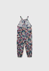 Jumpsuit s cvetnim vzorcem iz lahkotnega materiala, s halter trakovi in elastičnimi manšetami na gležnjih v živahnih barvah zelene, roza in vijolične.