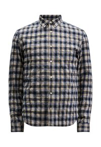 Gekruiste button-up overhemd van stof met een blauw, zwart en beige ruitpatroon. Beschikt over een kraag en lange mouwen.