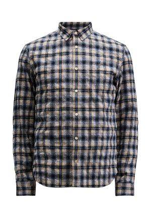 Camicia a quadri con bottoni realizzata in tessuto con motivo a quadri blu, nero e beige. Dotata di colletto e maniche lunghe.