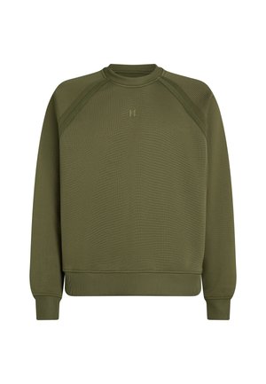 Sweatshirt verde oliva con collo e polsini a costina. Presenta un tessuto testurizzato, maniche raglan e un logo discreto sul petto.