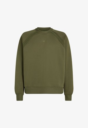 Oliivroheline dressipluus ribatud kaela- ja käisteäärega. Omab tekstureeritud kangast, raglanvarrukaid ja diskreetset logo rinnal.