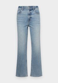 Blugi evazați de culoare albastru deschis, confecționați din denim, cu talie înaltă, cinci buzunare și o decolorare subtilă. Marginea este ușor desfăcută.