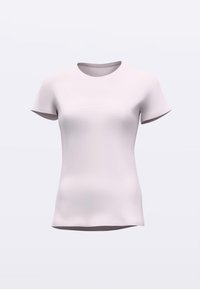 Tričko s krátkym rukávom a okrúhlym výstrihom v svetloružovej farbe, vyrobené z hladkej látky s priliehavým strihom bez viditeľných vzorov alebo ozdôb.