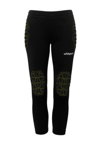 Pantalons de sport noirs avec des accents jaunes, dotés de rembourrage hexagonal aux genoux, d'une taille élastique et d'un design ajusté.