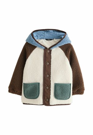 Children's fleece jacket with brown sleeves, cream front, blue hood lining, and teal pockets, button closure down the center.