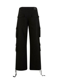 Pantalons cargo noirs à jambes larges, dotés de poches latérales et arrière, de cordons de réglage aux ourlets et d'un matériau en coton texturé.