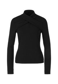 Schwarzes Langarmoberteil aus sanftem Stoff, mit einem Überkreuz-Design am Hals und einer taillierten Silhouette mit minimalen Akzenten.