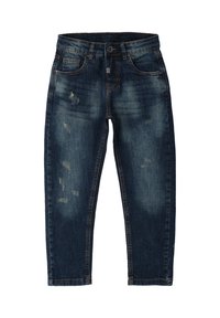 Jeans in denim di colore blu scuro con un lavaggio sbiadito, dotati di toppe strappate, cinque tasche, chiusura a bottone e dettagli cuciti.