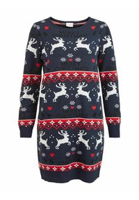 Robe-pull de Noël tricotée bleu marine avec motifs de rennes, cœurs et flocons de neige en blanc, rouge et noir. Poignets et ourlet côtelés.