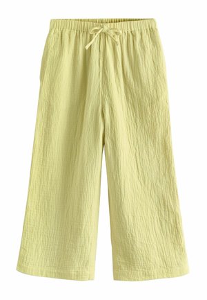 Light yellow, wide-leg textured fabric pants with an elastic waistband and a tied drawstring at the front.