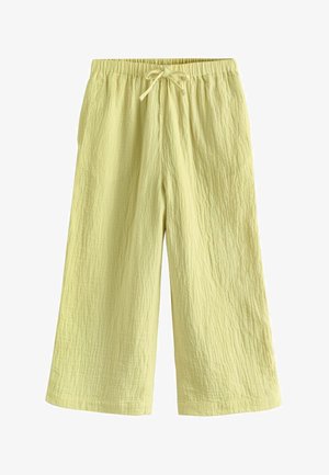 Hellgelbe, weit geschnittene Stoffhose mit Struktur, elastischem Bund und vorne gebundenem Kordelzug.