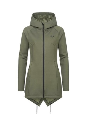 Olive green hooded long jacket with full zip, two side pockets, and drawstring hem. Smooth fabric with a fitted design and raised logo on chest.