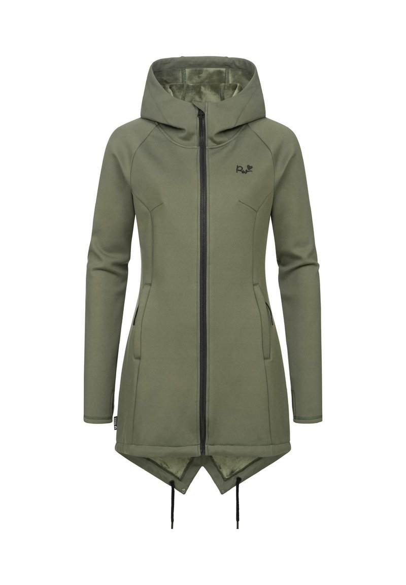 Olivgrön huvad lång jacka med full dragkedja, två sidofickor och dragsko i nederkant. Slät tyg med en figursydd design och upphöjd logotyp på bröstet.