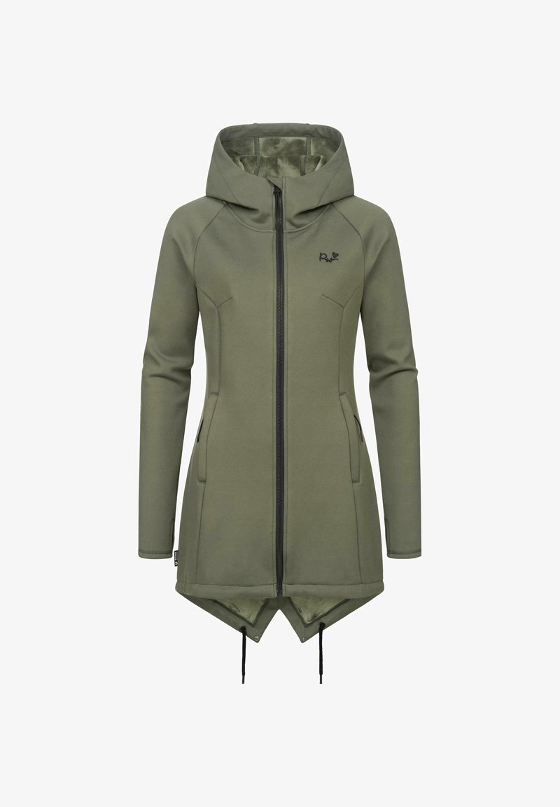 Olíva zöld kapucnis hosszú dzseki teljes cipzárral, két oldalsó zsebbel és húzózsinóros aljjal. Simaság jellemzi, testhez álló fazonban és kiemelt logoval a mellkason.