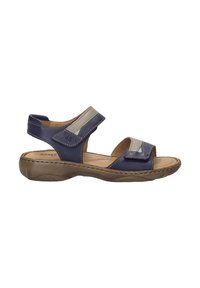 Blaue Ledersandalen mit zwei verstellbaren Riemen, offenes Ze design, gepolsterte Innensohle und strukturierte Gummisohle für Komfort.