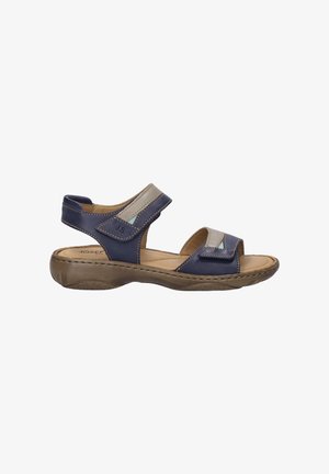 Blauwe leren sandalen met twee verstelbare bandjes, open teen ontwerp, gevoerd voetbed en getextureerde rubberen zool voor comfort.
