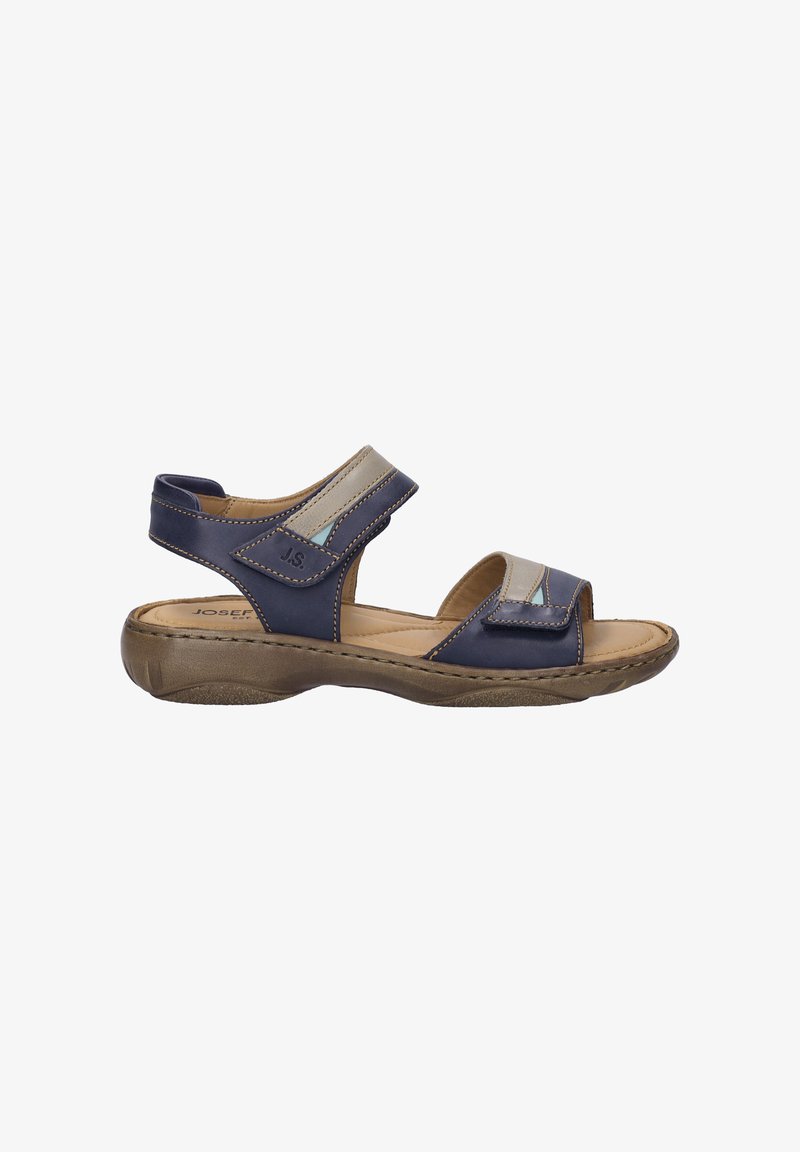 Blaue Ledersandalen mit zwei verstellbaren Riemen, offenes Ze design, gepolsterte Innensohle und strukturierte Gummisohle für Komfort.