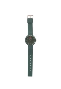 Reloj de silicona verde con esfera redonda, correa texturizada, acentos plateados y una esfera minimalista que presenta marcadores de horas y un logo.
