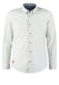 Chemise blanche à manches longues avec un petit imprimé floral foncé et un col à boutons.