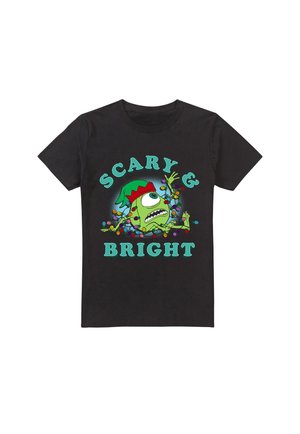 Black t-shirt featuring a green cartoon character amidst colorful decorations, with the text "SCARY & BRIGHT" in bold turquoise letters.