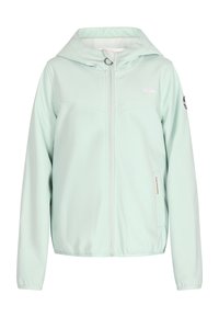 Giacca verde menta chiaro con cappuccio, chiusura a zip completa e tasche laterali. Presenta un logo sulla manica e un materiale liscio e resistente all'acqua.