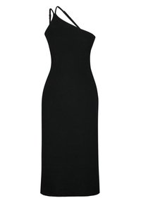 Robe noire asymétrique à une épaule avec une silhouette ajustée. Confectionnée dans un tissu lisse, elle possède des bretelles fines réglables et un ourlet arrivant au niveau des genoux.