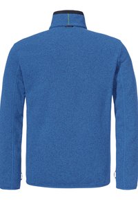 Blaue Fleecejacke mit strukturiertem Finish, hohem Kragen und kontrastierendem schwarzen Besatz. Verfügt über eine grüne Nahtdetail am Hals.